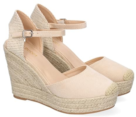 shoes&blues.es 91869 Sandalia de Cuna de Yute para Mujer, Comodas y Elegantes, Diseno Moderno con Punta Bordada y Cierre de Hebilla, Ideales para Primavera-Verano. Beige Talla 36