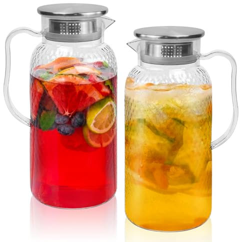 UHETLET 2 pcs Carafe avec Couvercle 2L Transparente Plastique Alimentaire Résistant Carafe d'Eau Pichet à Thé Pour Thé Glacé Café Jus Cocktails, Chaud et Froid