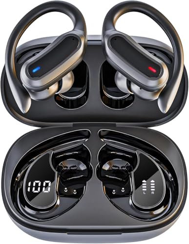 TRAUSI Wireless Earbuds Bluetooth Kopfhörer, Bluetooth 5.3 Stereo Over Ear Buds, Noise Cancelling Mic, IPX7 Waterproof Headset für Workout/Laufen, Schwarz