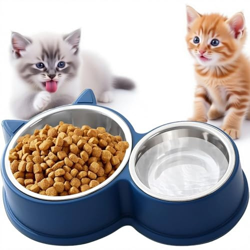 Ensemble de Bols Doubles pour Chats en Acier Inoxydable, Base antidérapante, Lavable au Lave-Vaisselle - pour Aliments secs et humides, Design en Forme de Chat Mignon (Bleu)