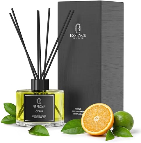 Essence of Peace Reed Diffuser 200ml – Long Lasting Home Fragrance with Essential Oils, Black Fibre Reeds, Diffusers for Home, Aroma Room Diffuser for Bedroom, Bathroom & Living Room (Citrus)