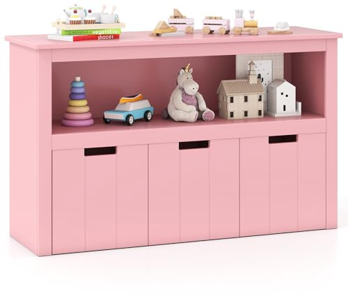 COSTWAY Armadio con 3 Cassetti, Scaffale di Legno con Ruote e Cubi per Giocattoli dei Bambini, Ampio Spazio, Organizer Durevole per Salone Camera da letto Camera dei bambini (Rosa)