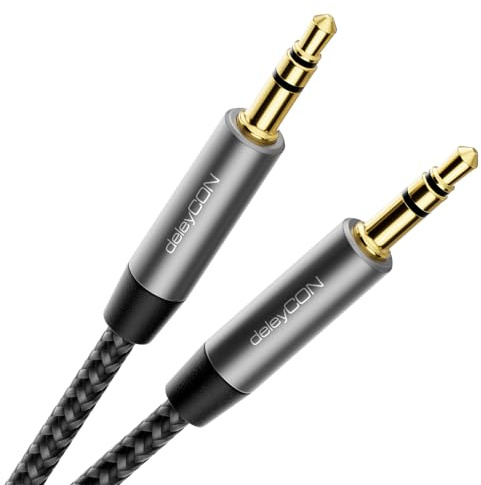 deleyCON 5m Cavo Audio AUX Stereo Jack 3,5 mm in Nylon - Connettori in Metallo - per Smartphone, Tablet, Cuffie, Hi-Fi, Ricevitore - Nero