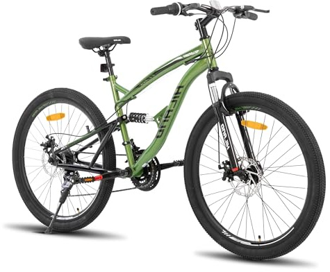 Hiland mountainbike 26 tum dubbel upphängning - MTB 21-växlad unisex med dubbla skivbromsar, ram i kolstål, främre och bakre upphängning, grön