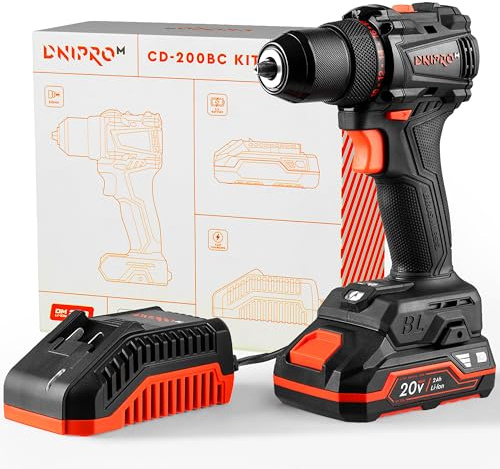 DNIPRO-M Taladro Atornillador Brushless 20V 50 Nm con Batería 2.0 Ah, Cargador Rápido, Portabrocas Metálico 13 mm y Maletín, Taladro Inalámbrico para Bricolaje – CD-200BC KIT