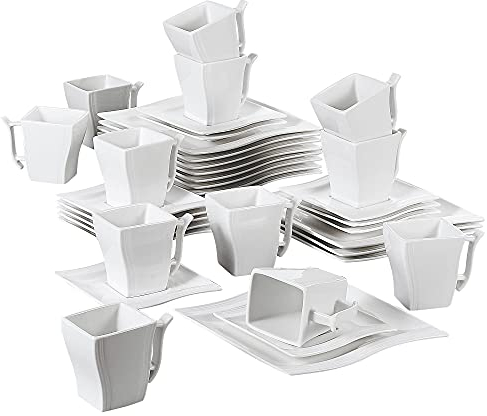 MALACASA Coffee Set, 36 Piece Tableware Dinner Sets with 12 Piece Porcelain Cup & Saucer Sets/Dinner Plates for Breakfast Afternoon Tea, Series Flora, Ivory White