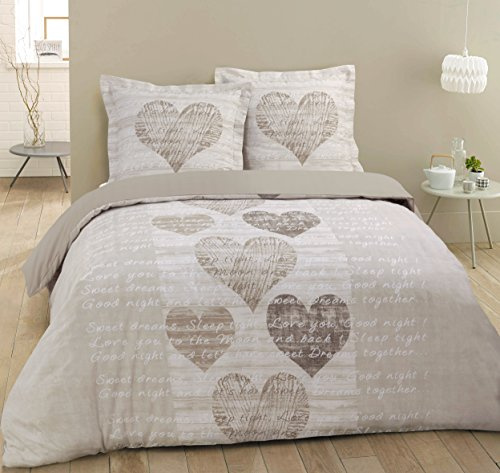Vision Juego de Cama 100% Algodón – Alice Corazón Beige – Cama Doble (240 x 220 cm) – Funda Nórdica y 2 Fundas de Almohada (65 x 65 cm) – 57 Hilos, Suave y Confortable - Certificado Oeko-Tex
