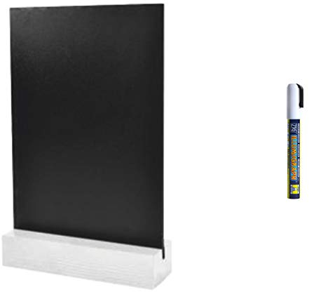 Tischaufsteller DIN A5 - Tafel für Beschriftung mit Kreidemarker und weißem Fuß aus Holz - Ideal für Angebote, Specials, News und Speise- / Getränktekarten
