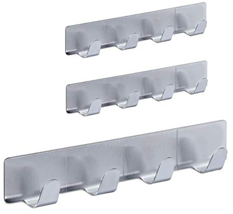 Percheros Autoadhesivos 4 Ganchos, Set de 6, Acero Inoxidable, Baño y Cocina, 16 cm, Colgador Llaves, Plateado