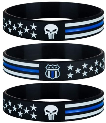 Sainstone Power of Faith Police Skull Thin Blue Line Silicone Bracelets with American Flag - Support Law Enforcement Rubber Wristbands Gifts for Police Cops, Patriots, Men, Women (Unisex)