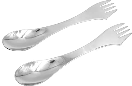 Hsthe Sea Paquet de 2 Couverts de Camping en Acier Inoxydable 3-en-1, Spork d'extérieur, Couteau Cuillère Fourchette Combinaison de Couverts Ultralégers pour Camping en Plein Air, Argent