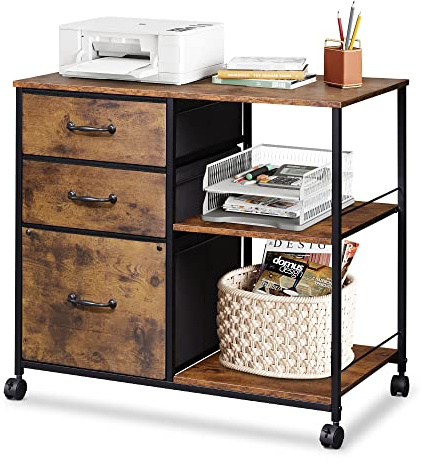 DEVAISE 3 Drawer Mobile File Cabinet, Rolling Printer Stand with Open Storage Shelf, Fabric Lateral Filing Cabinet fits A4 or Letter Size for Home Office, Rustic Brown Wood Grain Print