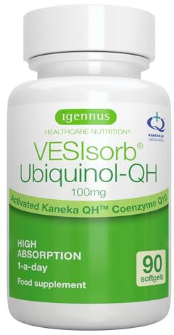 VESIsorb Ubiquinolo 100mg Kaneka, Ubichinolo Integratore Coenzima Q10 Idrosolubile ad Azione Rapida, Biodisponibilità 600% Alto Assorbimento, Maggiore Energia e Salute del Cuore, 90 Capsule- Igennus