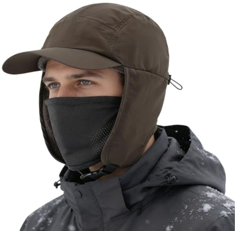 Magracy Mens Winter Fleece Lined Earflap Hat Waterproof Baseball Cap with Face Cover Pilot Cap Army Green