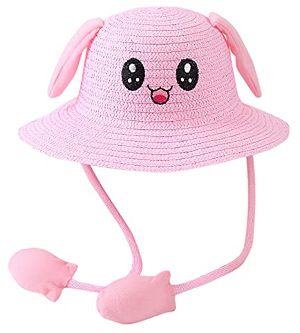 Strohhut Damen mit Ohren, Niedliche Strandhut Damen Sommer, Sonnenhut mit Beweglich Ohren, Sommerhut U-V Schutz, Fischerhut Atmungsaktive mit Hasenohren Tragbar für Strand Outdoor Gartenarbeit (A, 54)