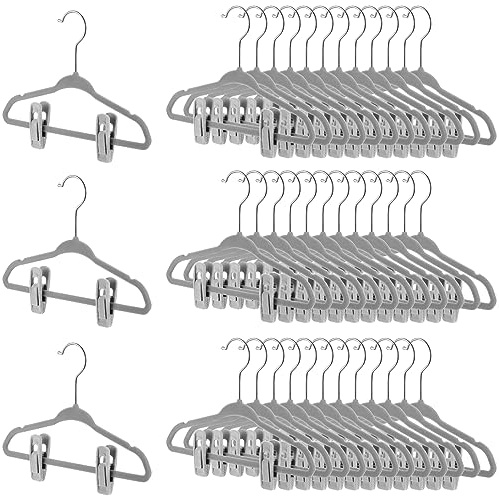 Soaoo 50 Pack Premium Baby Velvet Hangers with Adjustable 100 Clips, Non Slip 11 Inch Slim Kids Closet Organizer for Pants, Dresses & Matching Outfits, Nursery & Toddler Wardrobe (Grey)