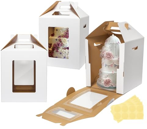 Wowxyz 3 Pack Tall Cake Boxes for Tier Cakes 12x12x14 Inch Disposable Layer Tall Baking Carrier with Window Large Tierd Bakery Take Out Transport Containers with Handle for Wedding, Birthday, Party