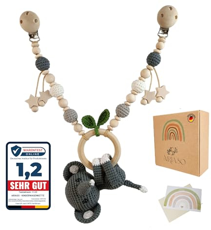 ARIASO® Kinderwagenkette aus Holz und Baumwolle gehäkelt Kinder Baby Spielzeug Holz Kette für Kinderwagen geeignet für Mädchen und Junge ab 0+ Monate inkl. Geschenkkarte (Elefant Anthrazit)