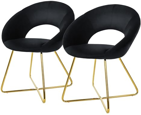 ML-Design matsalsstolar set om 2 sammet, svart, vardagsrumsstol med runt ryggstöd, stoppad stol med gyllene metallben, ergonomisk matbordsstol, köksstol skalstol toalettbordsstol