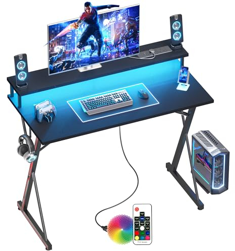 BEXEVUE Gaming Desk with Power Outlets LED - 100x50cm Ergonomic Computer Gamer Desk, Large PC Monitor Stand, X Frame Modern Table, Headphone Hook, Workstation for Study Play Work Bedroom Home Office