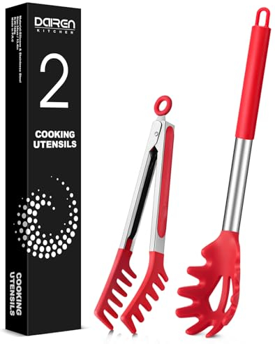 Cucchiaio per spaghetti e pinza per pasta, cucchiaio in silicone antiaderente con denti e manico in acciaio inox, pinza per spaghetti e spaghetti (rosso)