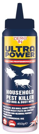 Zero In® Household Pest Killer Powder – 450g, Fast-Acting Treatment for Bed Bugs, Ants, Cockroaches, Fleas, and Other Crawling Insects for Home Use