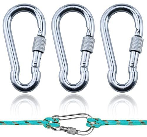 Lot de 3 mousquetons à visser 304 M8 en acier inoxydable avec vis - Mousquetons de pompier avec fermeture à vis - Capacité de charge pour l'extérieur, le camping, la randonnée