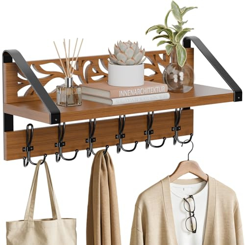 WGFKVAS 2 in 1 Coat Rack Wall Mount with Shelf and 6-Double Hook Wall Hooks with Shelf, Rustic Brown 15 Wood Organizer for Entryway, Living Room, Bedroom, Hallway