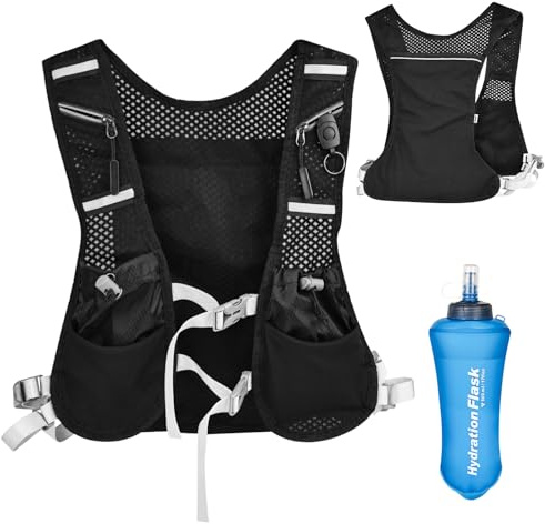 Gilet de course pour homme et femme, avec 1 gourde de 500 ml, sangles de poitrine réglables, gilet de course réfléchissant, ultra léger, pour la course, le cyclisme, noir, extra large