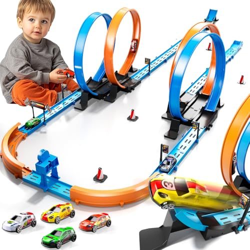 Toy Car Track Set for Boys Kids Age 3-5 4-7 8-12, Long Race Tracks with 4 Action Loops and 4 High-Speed Slot Cars, 48 Pieces of Race Track to Create Multiple Configurations
