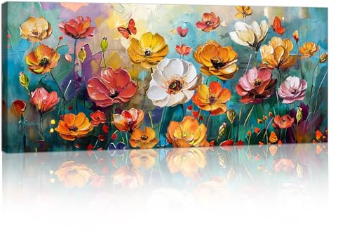 Grande Naranja Rojo Flores Cuadro Sobre Lienzo Con Marco Flores Vintage de Colores Cuadro de Lienzo Moderno Impresión Sobre Lienzo Póster Para Salón Dormitorio Restaurante Decoración Mural 120x50 cm