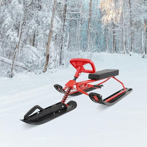 Slitta da sci per bambini, ragazzi e adulti, slitta invernale con volante, slitta da sci, snowboard, per sci e avventure all'aperto, 50 x 120 x 38 cm, rosso e nero