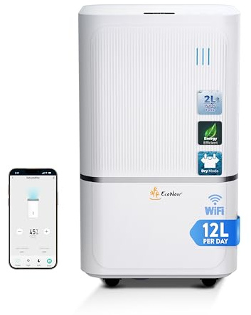 EcoNour 12L/Day Smart WiFi Dehumidifier for Home, with Auto-Humidity Sensor, LED Display, Quiet, 24-Hour Timer & Continuous Drainage, Laundry Drying, Child Lock Protection – for Home, Bedroom