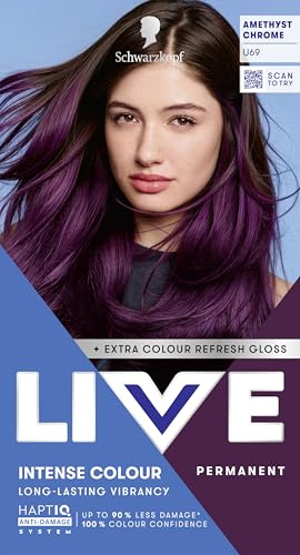 Schwarzkopf LIVE Intense Colour U69 Amethyst Chrome, Long-lasting Permanent Violet Hair Dye, With Extra Colour Refresh Gloss