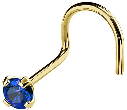 Jewelry Avalanche 22G Solid 14Kt Gold Nose Screw Stud with Prong Set real Blue Sapphire Gemstone, 14kt Yellow Gold or 14kt White Gold - September Birthstone Nose Ring-NSYG_SP-2.5MM