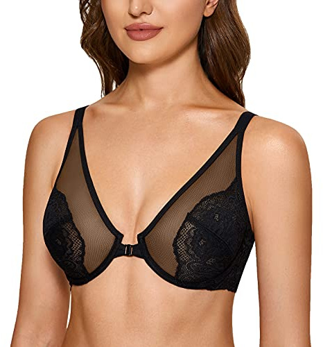 DOBREVA Donna Reggiseno Apertura Frontale Pizzo Taglie Forti con Ferretto Senza Imbottitura Nero 4D