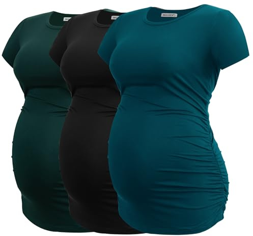 Smallshow Women's Maternity Shirt Side Ruched Tunic Pregnancy Top Clothes 3-Pack Black/Deep Green/Teal Medium