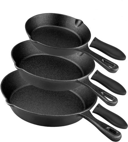 rincentd Pre-Seasoned Cast Iron Skillet Set - 3 Piece Frying Pan With Heat-Resistant Handles (6, 8, 10 Inch) for Frying, Saute, Pizza, Oven Safe (Black)