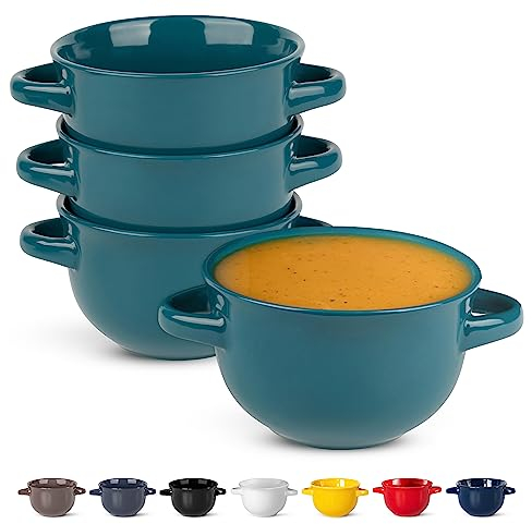 KooK Französische Zwiebel-Suppenschüsseln, Töpfe, ofenfeste Schüsseln, Suppentassen, Keramikschalen, Geschirrspüler, Mikrowelle, 4 Stück, 510 ml (Blaugrün)