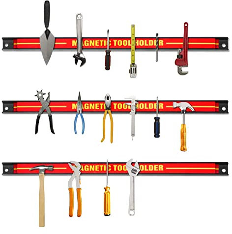 GYMAX Set 3pz Barra Magnetica Portautensili di 46 cm, Rastrelliere da Muro, Scaffale Organizzatore per Atrezzi, Portata 3x10 kg, Accessori per Meccanico Garage Officina, Rosso