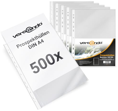 versando 500x A4 Prospekthüllen Business mit Heftrand Klarsichthüllen genarbt transparent 60my (5x 100 Stück)