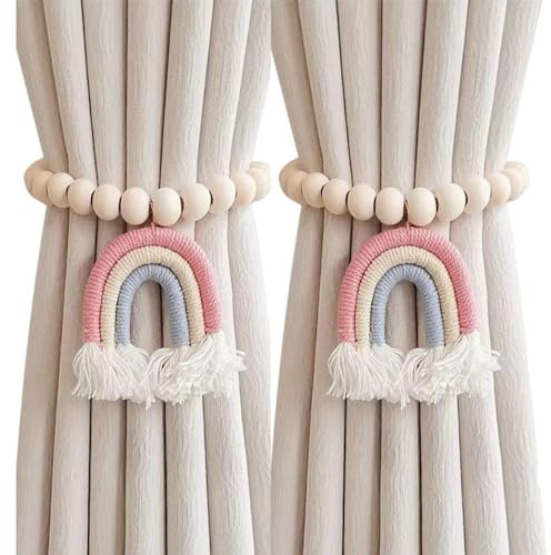 2PCS Curtain Tie Backs, Curtain Tiebacks with Rainbow Tassel Pendant, Wooden Beaded Tie Backs for Curtains, No Punching Curtain Holdbacks Window Treatment for Bedroom Nursery Farmhouse Boho Decor
