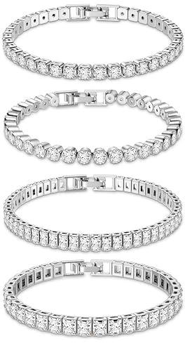 Dochais 4 Stück Tennis Armband Damen in Gold und Silber - Diamant und Zirkonia Glitzer Schmuck Mit Strass für Frauen, Mädchen, Ehefrau, Mutter - 17.5cm/19cm