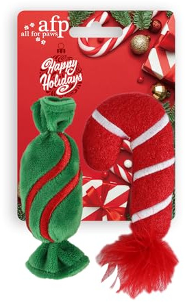 ALL FOR PAWS Jouets pour Chats de Noël - Stimulants avec Bruit Crépitant, Cannes de Bonbon Remplies de Cataire, 2 Sets pour Jouer, Mordre et Mâchonner (Xmas Candy Cane)