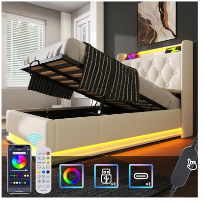 Letto Singolo con Contenitore 90x200 cm LED USB Type C APP, Imbottito con Testiera e Vano Portaoggetti, Rete a Doghe