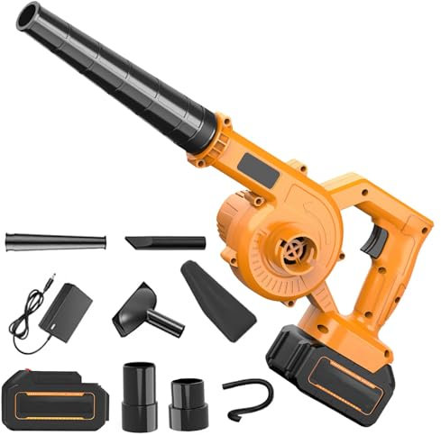 21 V soffiatori di foglie, soffiatore a batteria, soffiatore termico, aspiratore senza fili, soffiatore per garage, corsi, neve, foglie morte, capelli (giallo: 1 batteria + 1 caricabatterie)