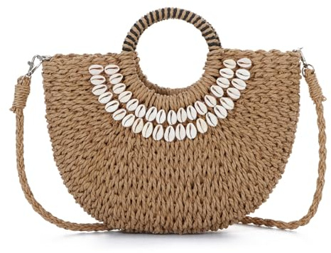 EVEOUT Sac Bandoulière en Paille Femmes été Boho Sac Panier Rond en Rotin Tissé Sac à Main Raphia avec Décoration Coquillage pour Plage Vacances(Marron)