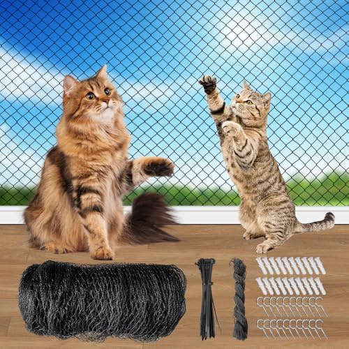 Katzennetz für Balkon Ohne Bohren, Katzennetz Drahtverstärkt, Katzen Netz Schwarz, Katzenschutznetz mit Befestigungsseil und Zubehör, Balkonnetz für Katzen, Fenster, Terrassen, Gärten (4x3M)