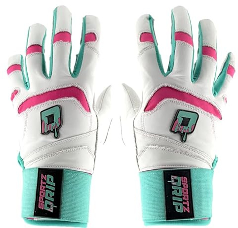 Sportz Drip Batting Gloves (White/Pink) - Genuine Leather Gloves for Baseball and Softball Players - Unisex Teenagers, Unisex Adults (Adult L/XL)