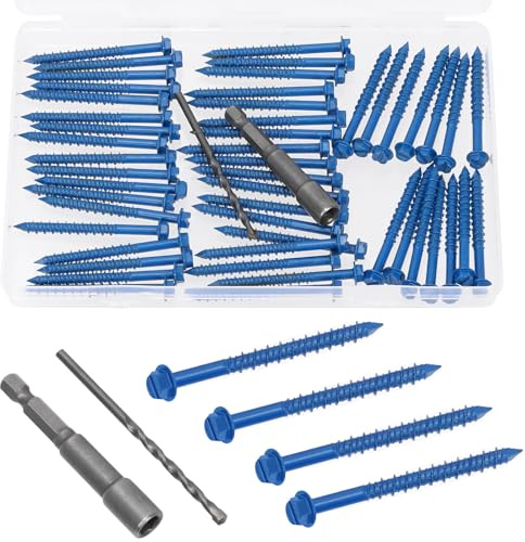 Mardatt 52 viti per calcestruzzo da 3/16 x 2-1/4, con scanalature, colore blu esagonale, testa piatta, viti di ancoraggio con trapano e presa esagonale, autoviti per muratura, blocco di cemento